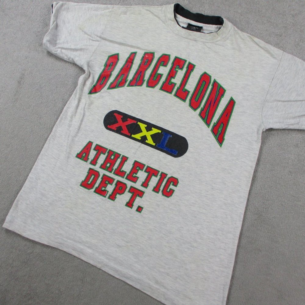 VINTAGE XXL Athletic Department T Shirt Adult Medium Ivory Red Barcelona Layered - Picture 2 of 13